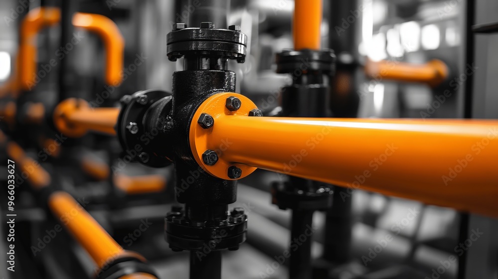 Black and White Photograph of Orange Pipes in Industrial Setting - AI generated illustration Black and White Photograph of Orange Pipes in Industrial Setting - AI generated illustration