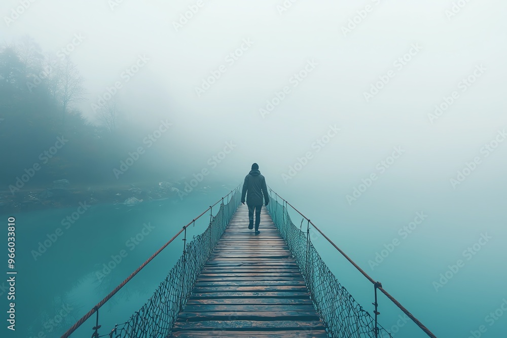 Obraz premium A solitary figure walks across a misty bridge, surrounded by serene water and ethereal fog, evoking a sense of mystery and solitude.
