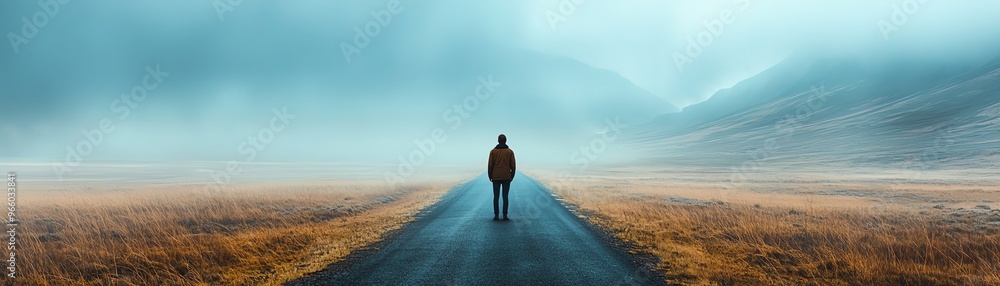 A solitary figure walks down an empty road surrounded by mist and mountains, evoking a sense of reflection and adventure. A solitary figure walks down an empty road surrounded by mist and mountains, evoking a sense of reflection and adventure.