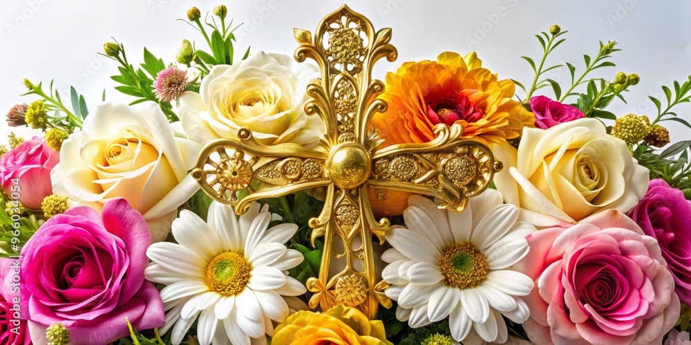 A beautifully ornate golden cross surrounded by a bouquet of colorful flowers, including roses and daisies, set against A beautifully ornate golden cross surrounded by a bouquet of colorful flowers, including roses and daisies, set against