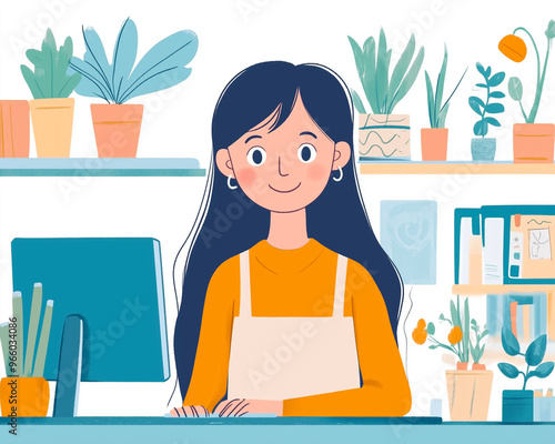 graphic designer on a computer, smiling creatively cartoon illustration style