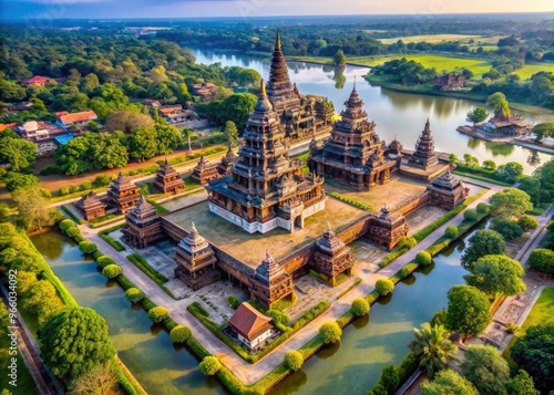 A Stunning Aerial View Of A Vast Temple Complex With Intricate Towers And Sprawling Courtyards, Surrounded By A Tranquil River And Lush Vegetation. photo