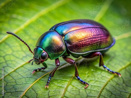 A Beetle With A Dark, Iridescent Outer Shell Perches On A Green Leaf With Veins Visible.