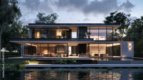 3d rendering of modern house by the river at morning, house, luxury, villa, modern, architecture, building, exterior, residential, property, designer