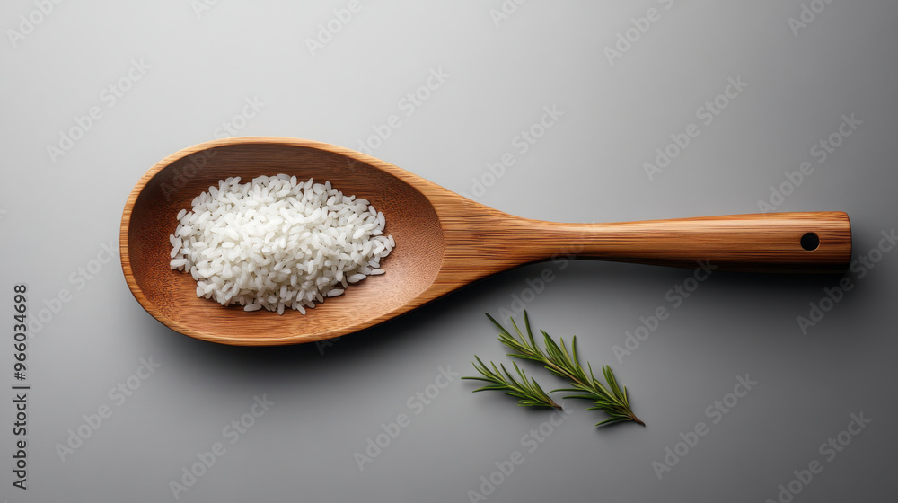 A wooden spoon holds white rice grains, accompanied by fresh rosemary sprigs on a neutral background, evoking simplicity and nature. A wooden spoon holds white rice grains, accompanied by fresh rosemary sprigs on a neutral background, evoking simplicity and nature.