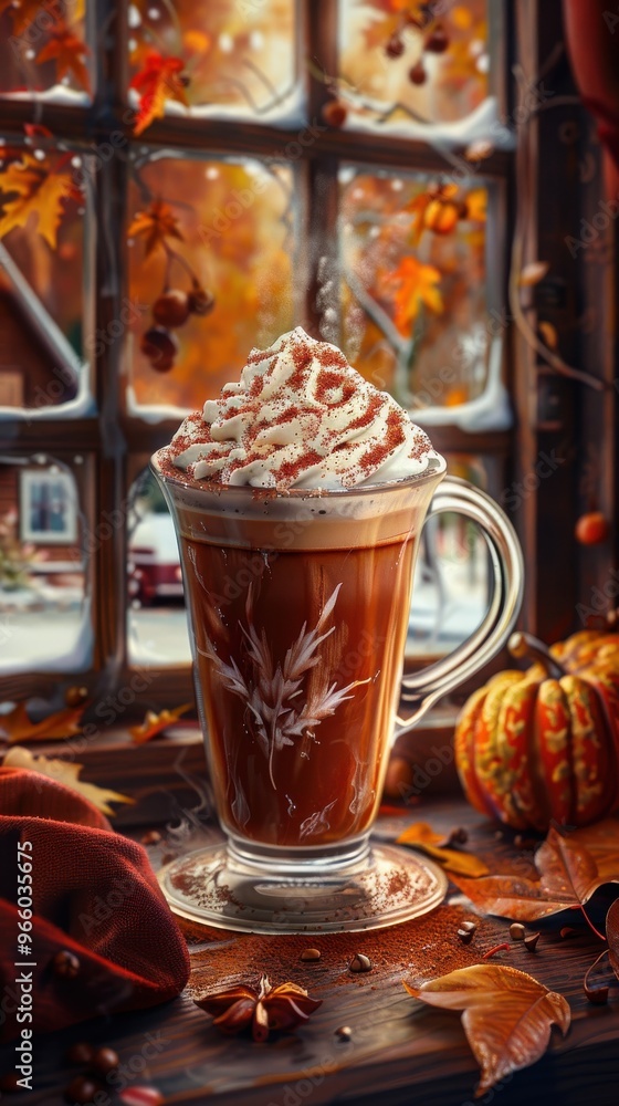 Fototapeta premium Cozy autumn scene with a glass of hot chocolate topped with whipped cream, surrounded by fall decorations.