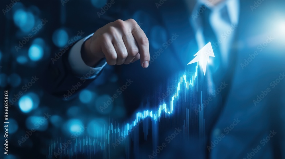 Businessman pointing at an upward arrow on a stock market graph with a bar chart and financial data background Businessman pointing at an upward arrow on a stock market graph with a bar chart and financial data background