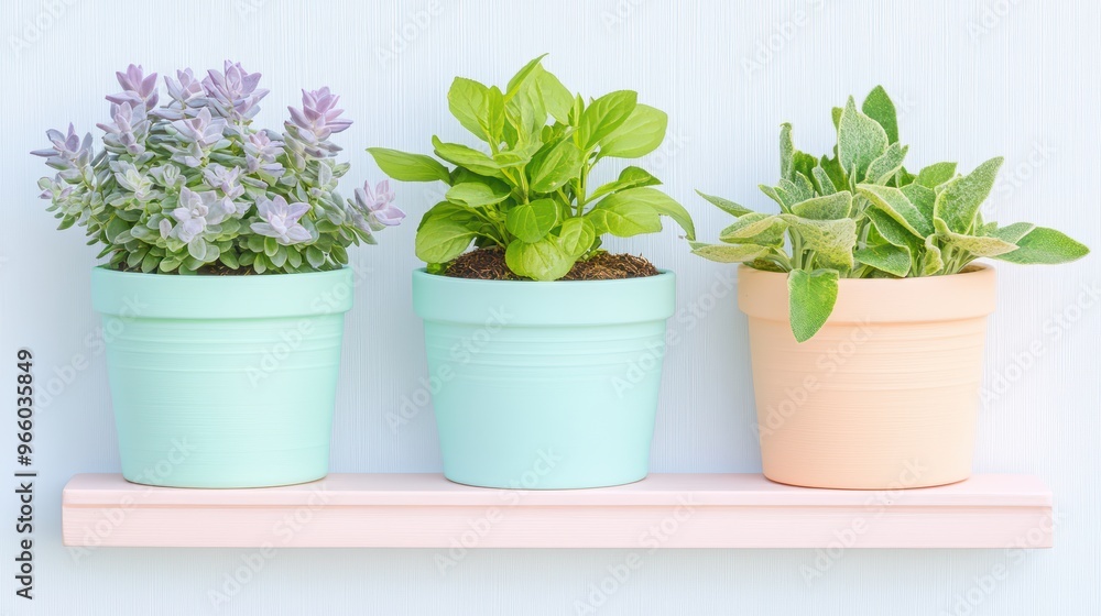 Colorful potted plants on a pastel shelf, adding a touch of freshness and beauty to any indoor space. Colorful potted plants on a pastel shelf, adding a touch of freshness and beauty to any indoor space.