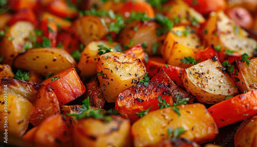 A close-up of roasted vegetables, including potatoes and carrots, seasoned with herbs and spices, garnished with fresh parsley. A close-up of roasted vegetables, including potatoes and carrots, seasoned with herbs and spices, garnished with fresh parsley.