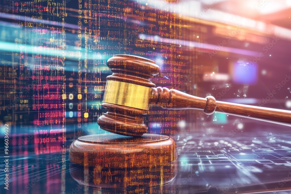 In this concept, the judge's gavel is projected on a digital background. In this concept, the judge's gavel is projected on a digital background.