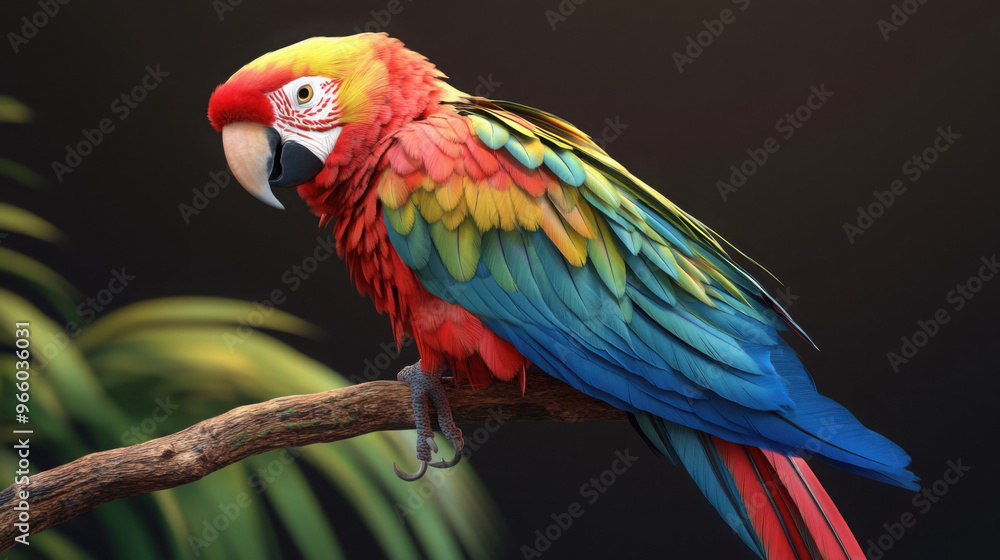 Fototapeta premium A 3D tropical parrot with vibrant feathers, perched serenely on a branch, isolated on a transparent background.