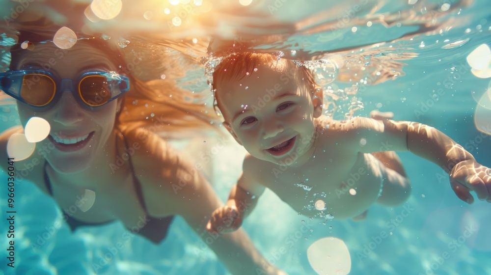 Cute smiling baby and mom having fun swimming and diving in the pool at ...