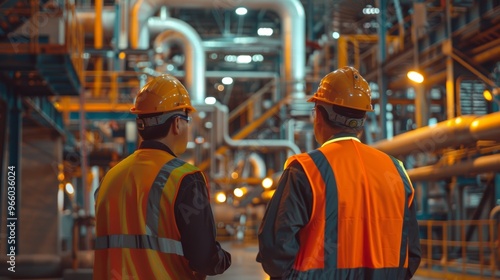 Industrial workers in safety vests and hard hats collaborating on a project, engineer, industrial, safety, construction, factory, building, development, architect, production