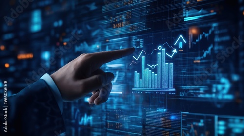 Businessman pointing at an upward arrow on a stock market graph with a bar chart and financial data background