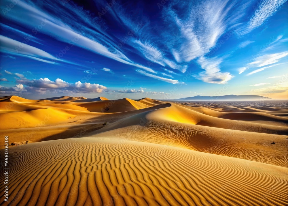 Naklejka premium A Vast, Barren Desert Landscape With Rolling Sand Dunes Under A Clear Blue Sky