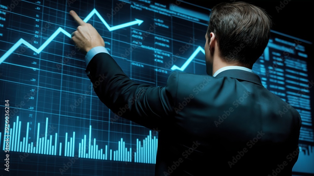 Businessman pointing at an upward arrow on a stock market graph with a bar chart and financial data background Businessman pointing at an upward arrow on a stock market graph with a bar chart and financial data background