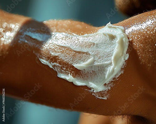 Close-up of a person's arm applying moisturizing cream, showcasing smooth skin and rich texture of the cream.