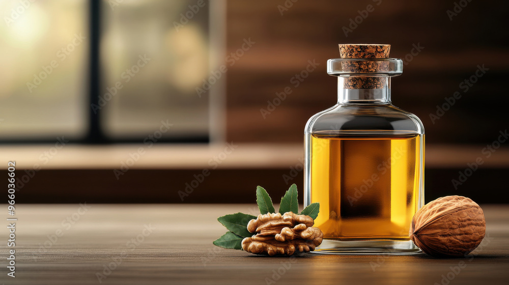 A glass bottle of walnut oil with a cork top, surrounded by whole walnuts and leaves, placed on a wooden surface in a natural setting. A glass bottle of walnut oil with a cork top, surrounded by whole walnuts and leaves, placed on a wooden surface in a natural setting.