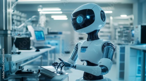 A white humanoid robot with blue glowing eyes is working in a laboratory, standing on a desk and using a tablet device.