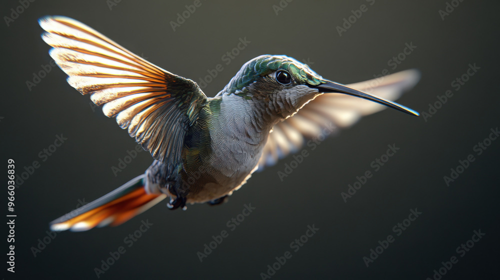 Fototapeta premium A 3D-rendered hummingbird in mid-flight, with delicate details, on a transparent background.