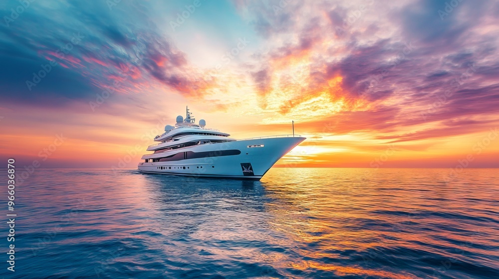 Luxury Yacht Sailing at Sunset on Calm Ocean - AI generated illustration Luxury Yacht Sailing at Sunset on Calm Ocean - AI generated illustration