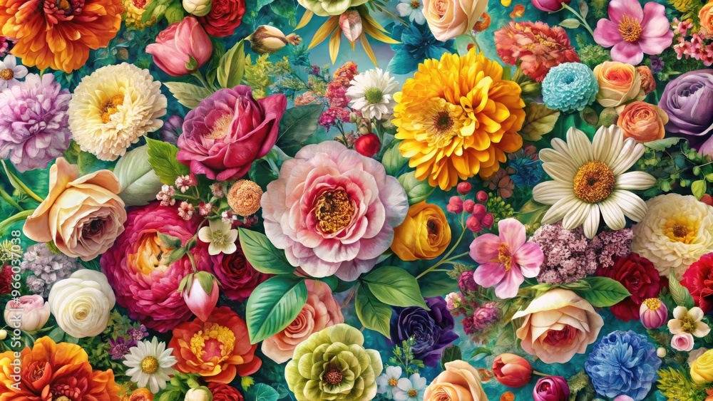 A Vibrant Floral Wallpaper Featuring An Array Of Blooming Flowers In Various Hues, Capturing The Essence Of Love And Romance. A Vibrant Floral Wallpaper Featuring An Array Of Blooming Flowers In Various Hues, Capturing The Essence Of Love And Romance.