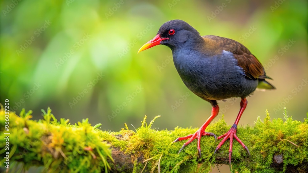 Obraz premium A Vibrant Image Of A Black Rail Bird Perched On A Mossy Branch With A Blurred Green Background.