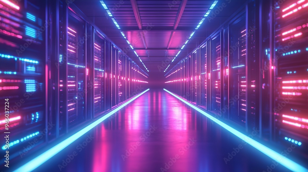 High-Tech Data Center with Glowing Servers - AI generated illustration High-Tech Data Center with Glowing Servers - AI generated illustration