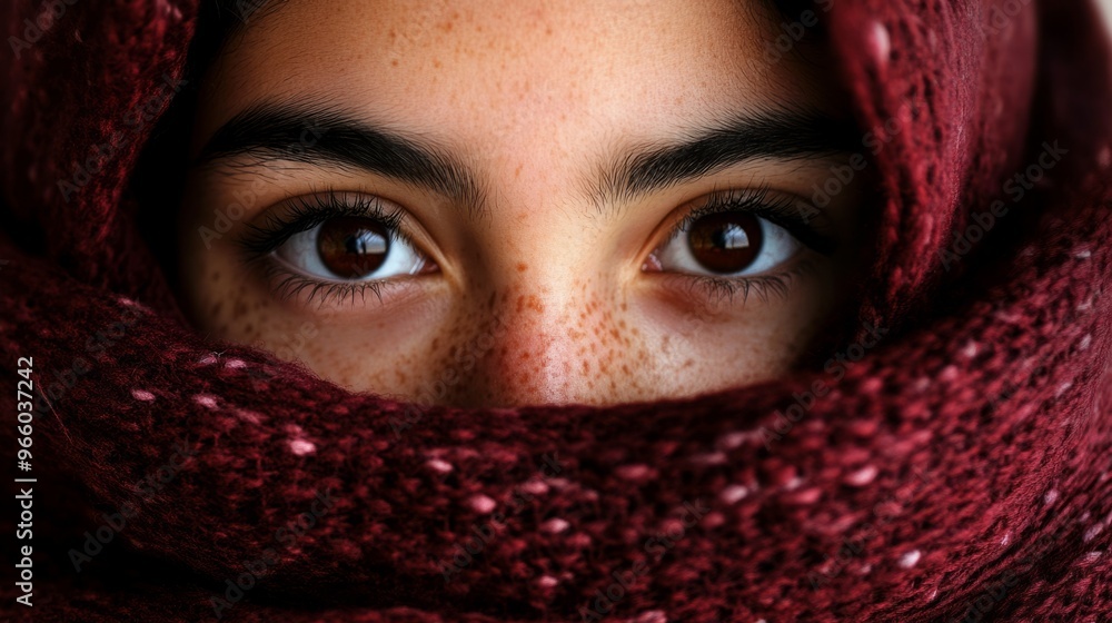 Closeup of the dark brown eyes of a girl with her face wrapped in a burgundy scarf generative ai Closeup of the dark brown eyes of a girl with her face wrapped in a burgundy scarf generative ai