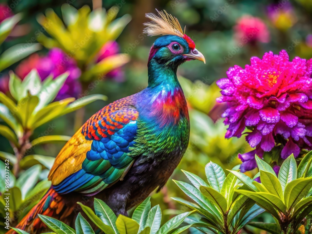 Fototapeta premium A Vibrant Image Of A Male Himalayan Monal Pheasant Standing Amidst A Lush Rhododendron Bush, Showcasing Its Iridescent Plumage And Distinctive Black Mask.