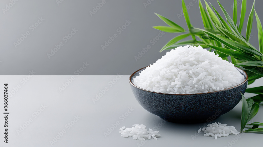 A bowl filled with white rice, with bamboo leaves beside it, set on a light background for a clean, natural presentation. A bowl filled with white rice, with bamboo leaves beside it, set on a light background for a clean, natural presentation.