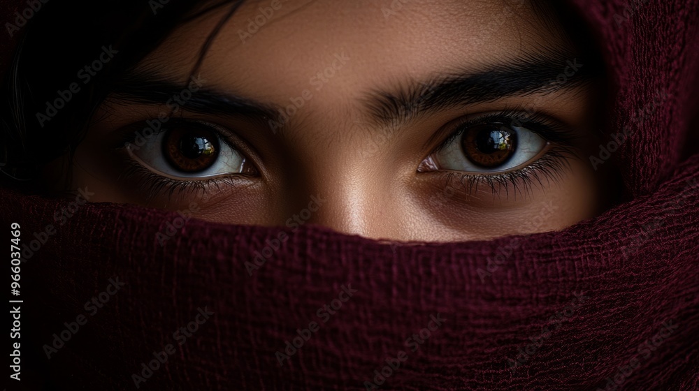 Closeup of the dark brown eyes of a girl with her face wrapped in a burgundy scarf generative ai Closeup of the dark brown eyes of a girl with her face wrapped in a burgundy scarf generative ai