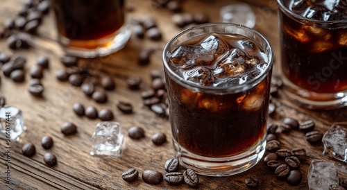 Refreshing cold beverage with ice cubes and coffee beans on a rustic wooden s...