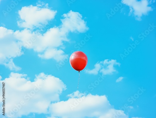 Serenity in Solitude - Red Balloon Represents Freedom and Happiness Against Blue Sky, Color Pop Concept