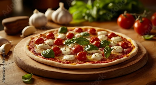 Delicious homemade pizza topped with fresh tomatoes and basil on a wooden table
