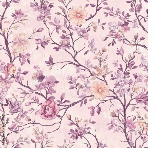 Pink Pattern With Tender Flowers and Thin Branches. Floral Print. Indulge in timeless elegance with our exquisite Floral Seamless Pattern.  photo