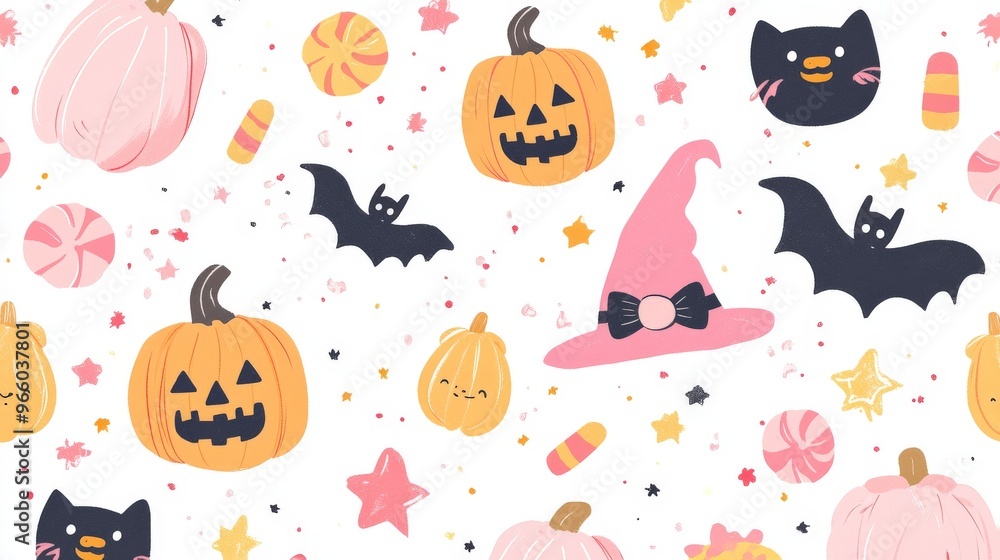 Cute, kawaii Halloween pattern with pink, orange, and yellow colors on a white background Cute, kawaii Halloween pattern with pink, orange, and yellow colors on a white background