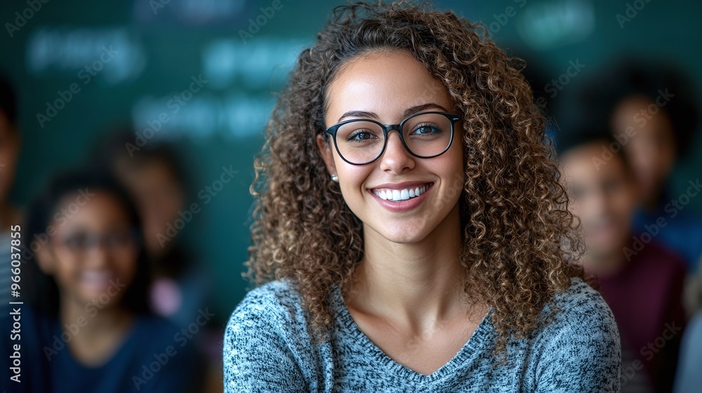 smiling female teacher with glasses and curly hair standing confidently in front of diverse students showcasing leadership and mentorship smiling female teacher with glasses and curly hair standing confidently in front of diverse students showcasing leadership and mentorship