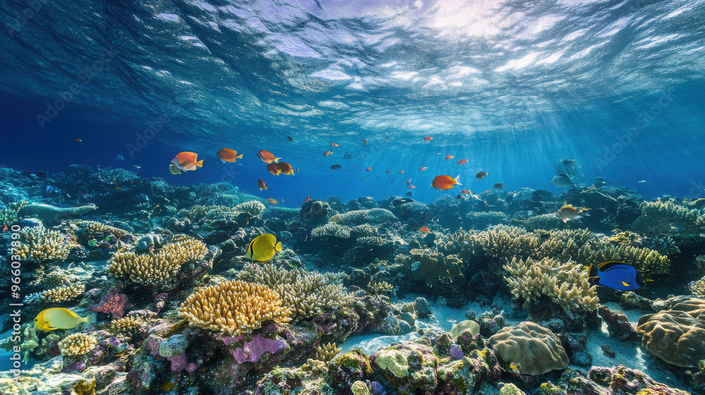 Naklejka premium A vibrant coral reef teeming with colorful fish, captured in the clear blue waters.