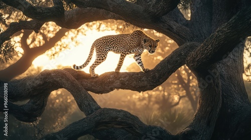 Cheetah walking on a tree in the savanna.