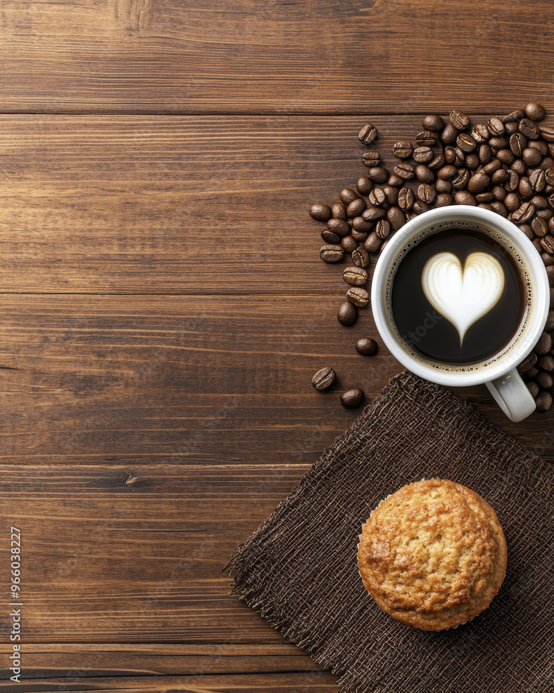 A flat lay of coffee beans, steaming cup of coffee, and muffin creates cozy atmosphere A flat lay of coffee beans, steaming cup of coffee, and muffin creates cozy atmosphere