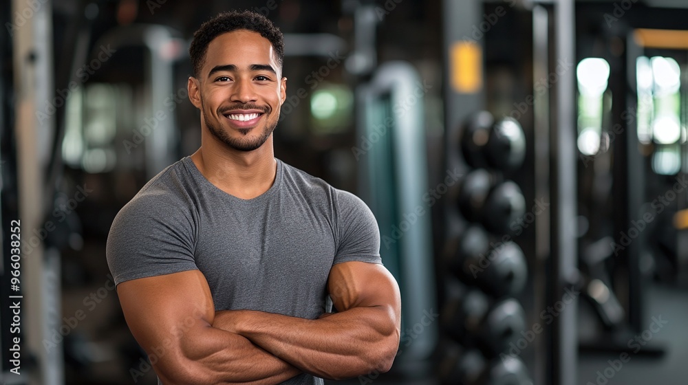 athletic man with muscular arms smiling in a modern gym setting confidently standing with arms crossed amidst fitness equipment athletic man with muscular arms smiling in a modern gym setting confidently standing with arms crossed amidst fitness equipment