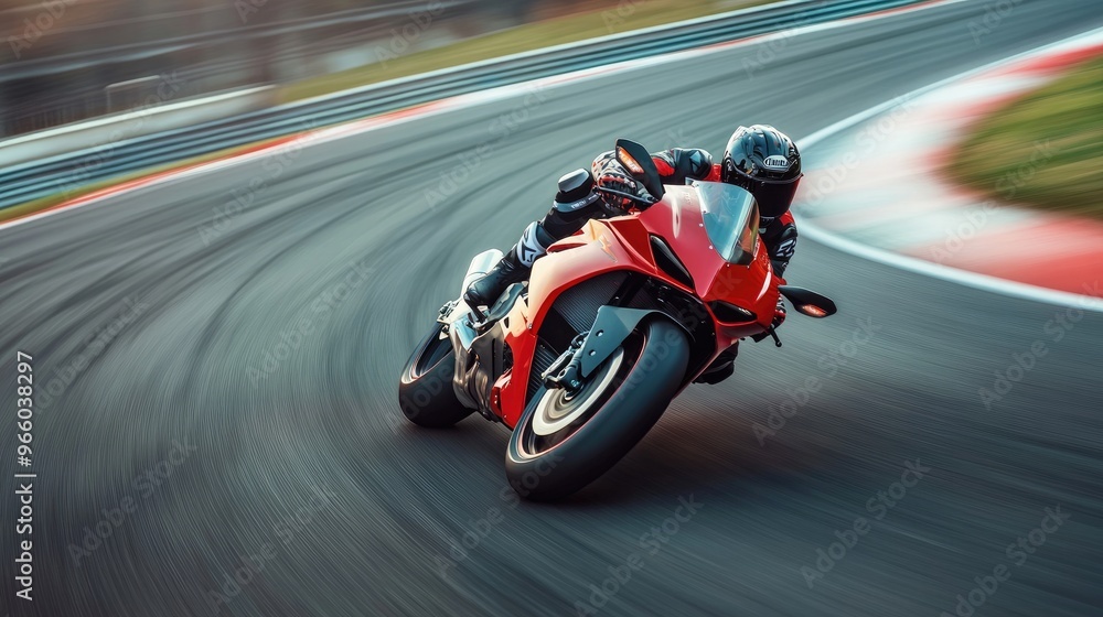 Obraz premium A high-speed motorcycle racing around a sharp curve on a racetrack, with motion blur in the background.