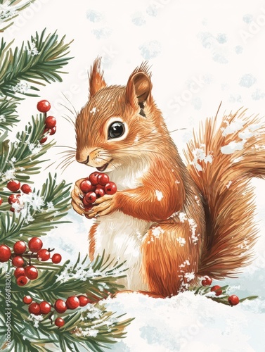 A cute squirrel holds red berries among snow-covered pine branches in winter ...