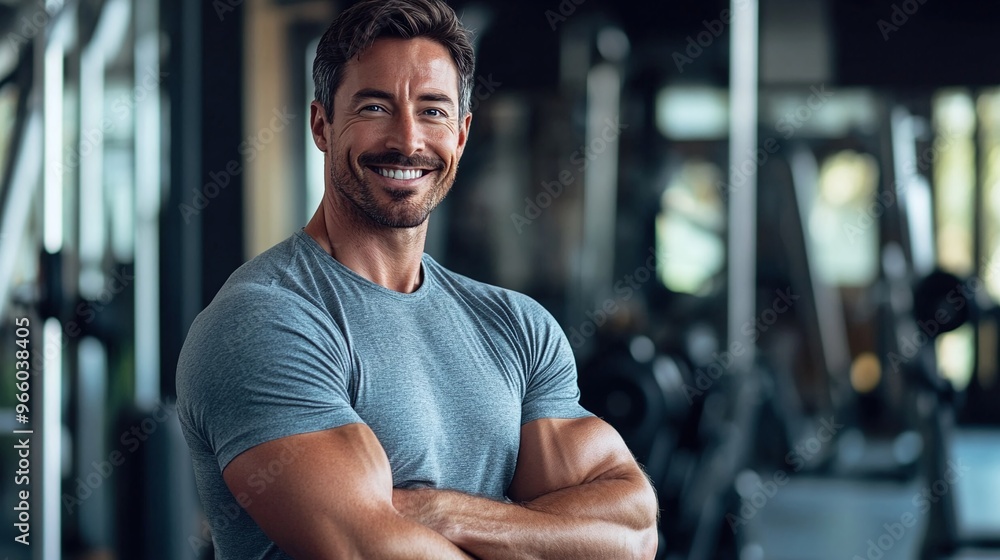 smiling athletic man with strong muscular arms confidently standing in a modern gym setting wearing a gray t-shirt amidst fitness equipment smiling athletic man with strong muscular arms confidently standing in a modern gym setting wearing a gray t-shirt amidst fitness equipment