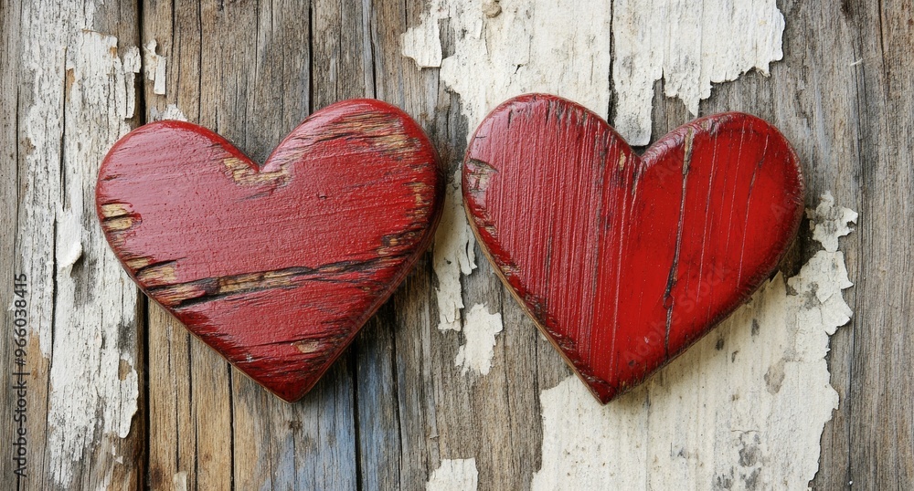 Two red wooden hearts resting on a weathered wooden surface in soft natural light Two red wooden hearts resting on a weathered wooden surface in soft natural light