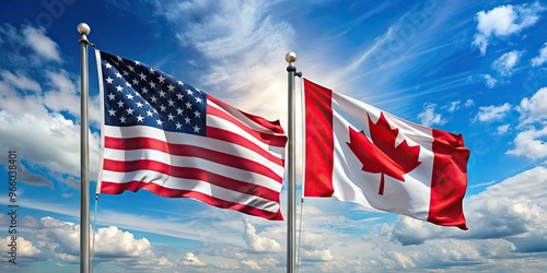 A waving Canadian flag stands alongside the Stars and Stripes, symbolizing unity and friendship between two North American nations. photo