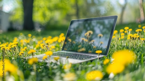 Laptop Mockup in Grass with Yellow Flowers on a Sunny Spring Day - AI generated illustration