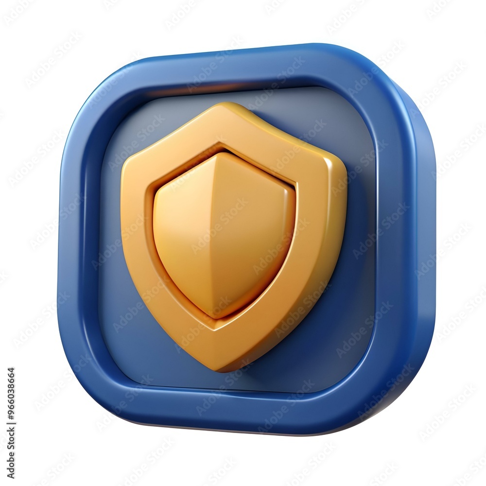 3D render of a gold shield icon in a blue square frame. perfect for web ...