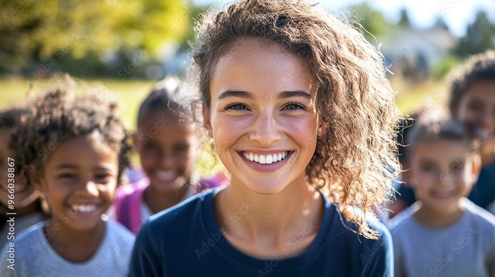 young female teacher guiding happy students outdoors on a sunny day leading them in education teamwork and joyful learning young female teacher guiding happy students outdoors on a sunny day leading them in education teamwork and joyful learning
